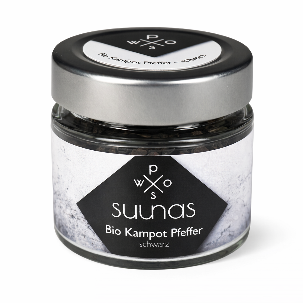 Glas mit schwarzem Bio Kampot Pfeffer